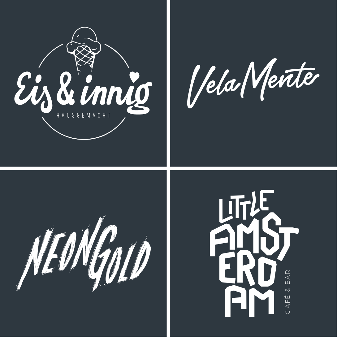Lettering Logos Eis&innig, VelaMente, Neon gold und Little Amsterdam